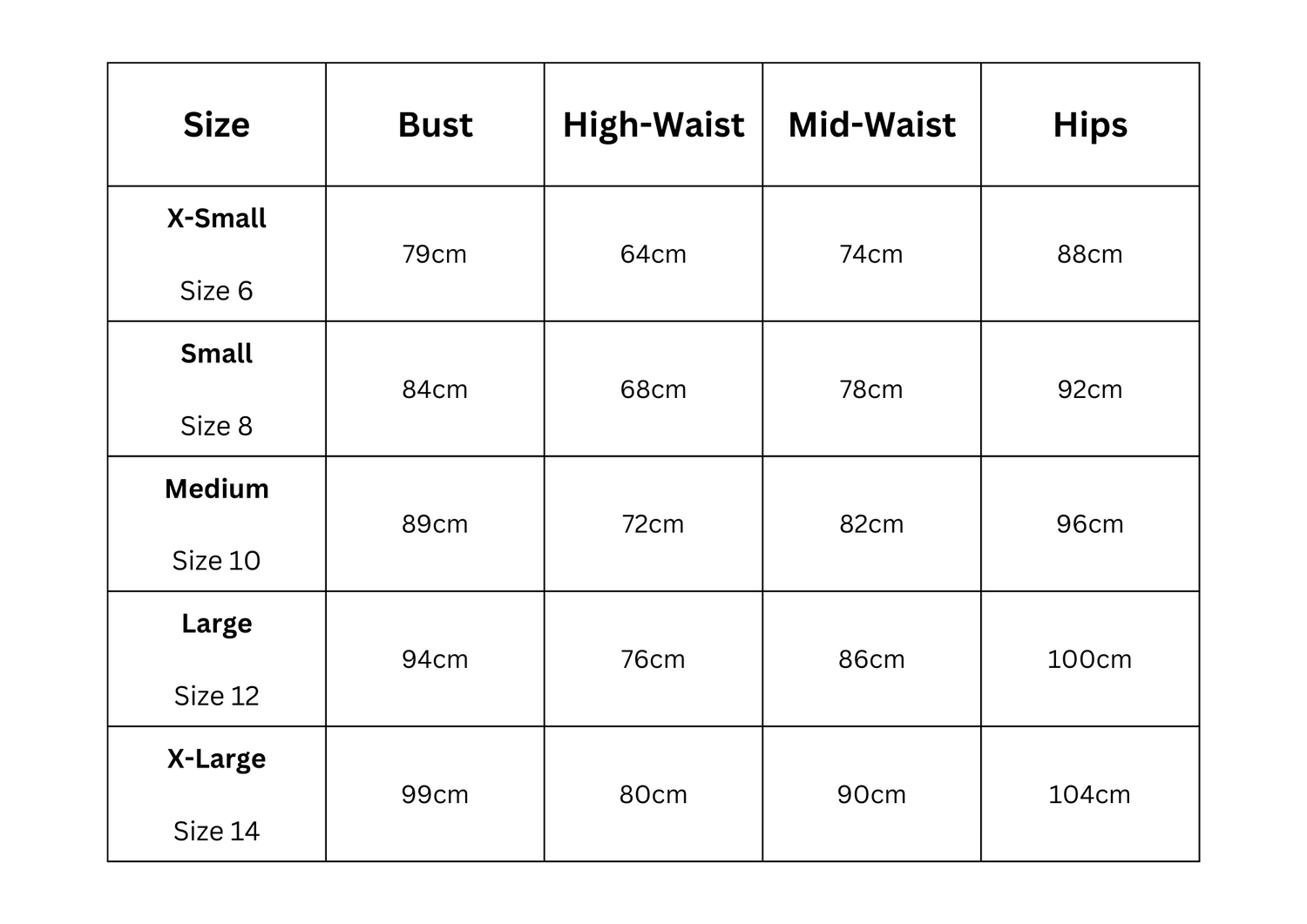 Activewear Size Guide